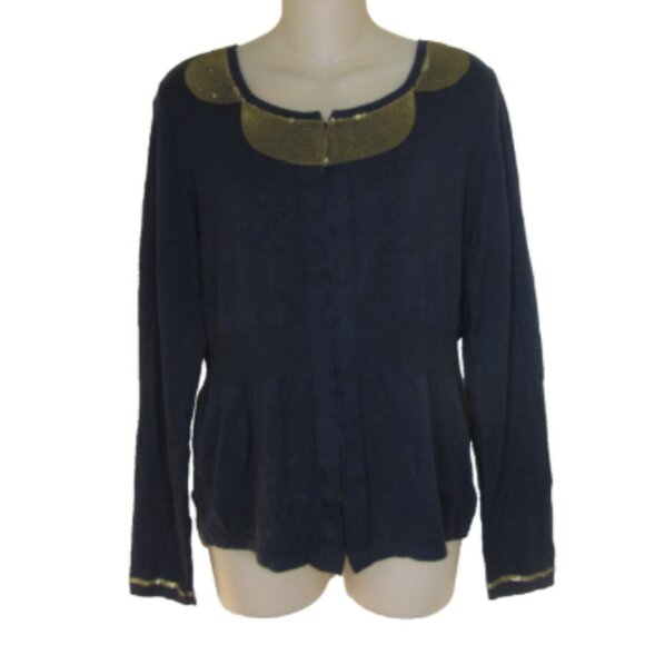 Soft Surroundings Blue Knit Gold Scalloped Sequins Cardigan Sweater - Picture 1 of 5